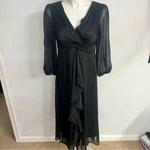 Black Ruffled Tiered Gown with V-Neck and Bishop Sleeves
